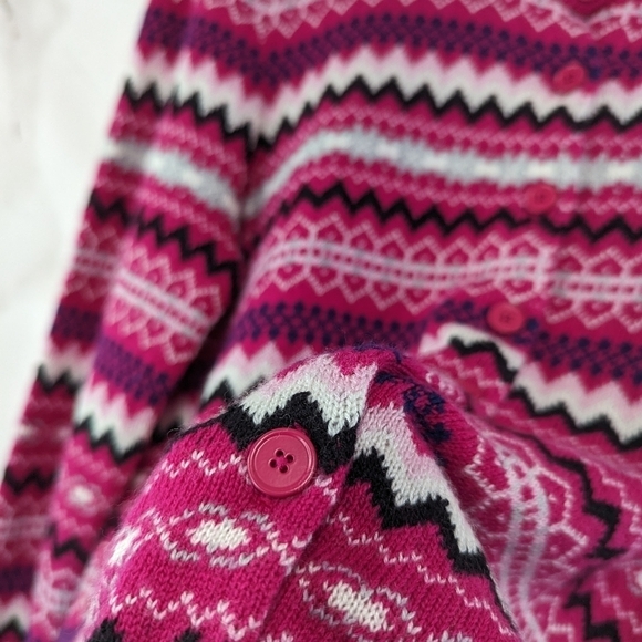 Talbots Cardigan Womens Medium Pink Lambs Wool Sweater Fair Isle Stripe Nordic - Picture 10 of 11